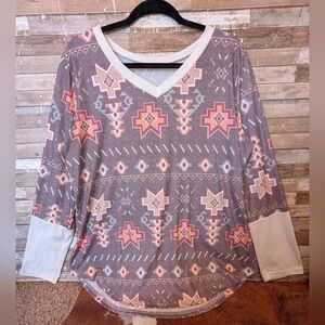 New Gray Aztec Tee With Banded White Sleeves